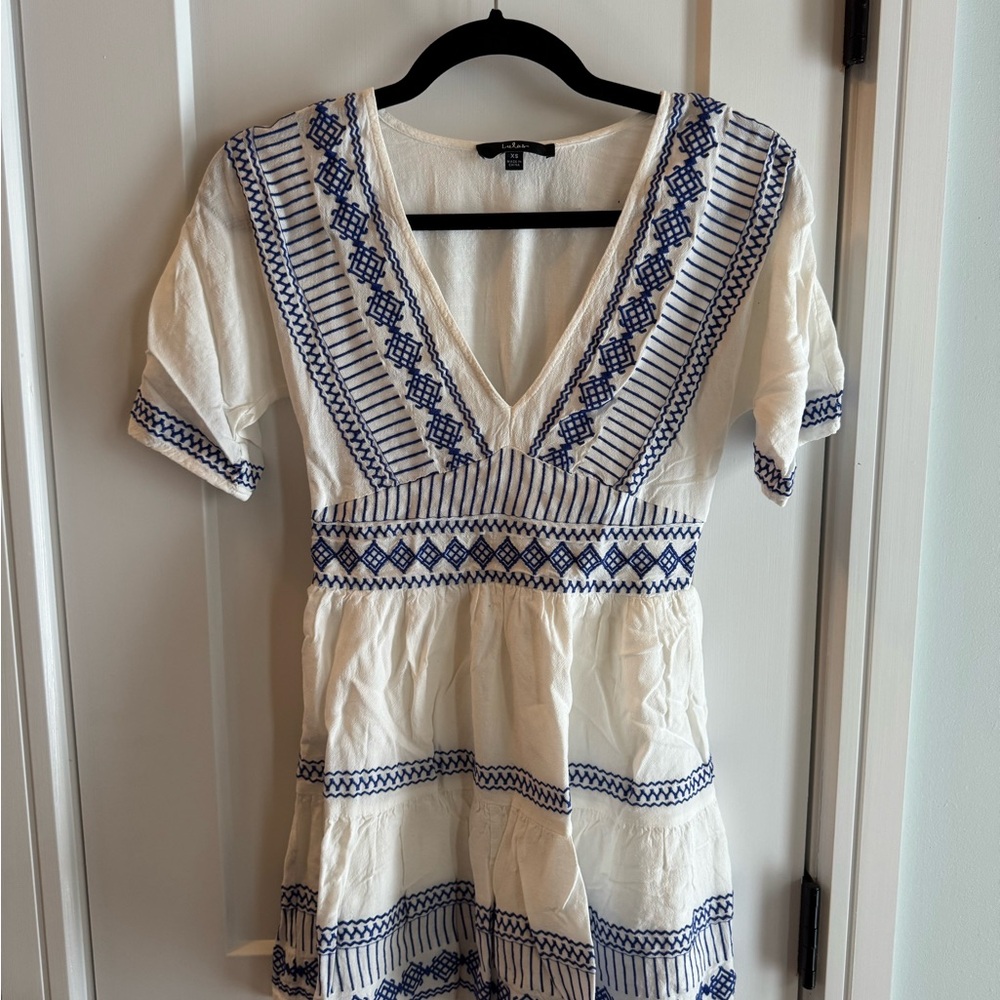 Lulu's Ivory and Navy Embroidered mini dress